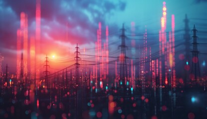 Power lines and binary code and data chart graph over cityscape at sunset