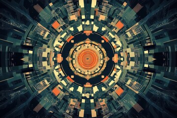 Fototapeta premium Abstract Geometric Pattern with Centered Circle and Orange, Beige, and Green Colors