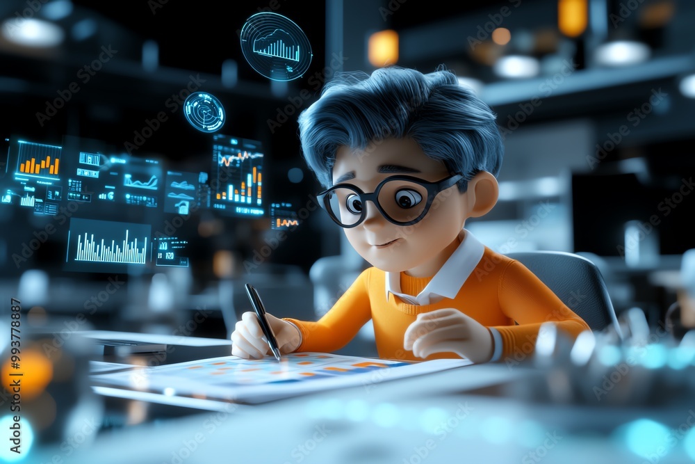 Poster a 3d-animated scene of a ceo reviewing financial reports, with digital graphs and interactive data p