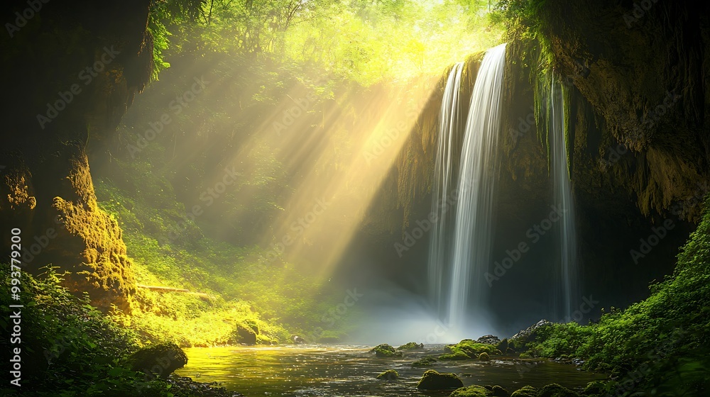Poster sunlight streams through a lush forest canopy, illuminating a cascading waterfall.