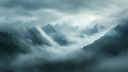 Obraz premium Mesmerizing landscape photograph capturing low hanging clouds drifting over a tranquil mountain terrain with misty layers gently enveloping the peaks and valleys below