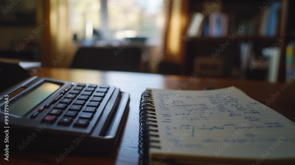 Poster calculator and notebook lying on desk in home office setting