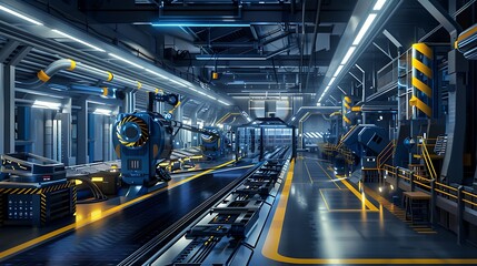 Fototapeta premium Futuristic factory interior with advanced machinery, conveyor belts, and robotic arms, highlighting the modern age of automation and industrial production.