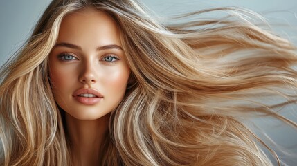 Fototapeta premium Glamorous Portrait of Woman with Flowing Blonde Hair in Motion