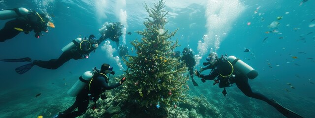 Obraz premium Group of scuba divers celebrating New Year underwater, surrounded by coral reefs, colorful fish, and floating underwater Christmas tree.