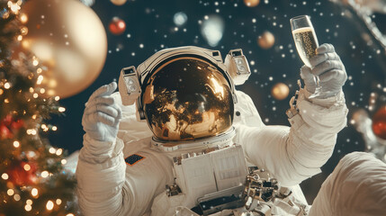 Astronaut in space suit sitting near Christmas tree, raising glass with champagne and celebrating holiday. Warm lights and decoration on background