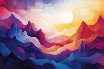 Abstract Watercolor Mountain Landscape with Sun