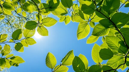 A bright blue sky peeks through a canopy of vibrant green leaves.