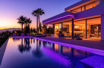 Fototapeta premium A modern swimming pool in front of an ultra-modern villa at night. The pool is lit with purple LED lights, surrounded by palm trees and a garden