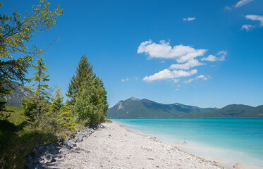 stony beach peninsula Zwergern, lake Walchensee, bavarian surfer paradise