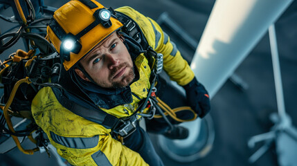 Fototapeta premium maintenance worker in yellow safety helmet and harness is performing tasks on offshore wind turbine, showcasing importance of safety and precision in renewable energy
