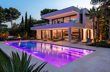 Fototapeta premium A large pool with purple LED lights illuminating the water at night, surrounded by modern architecture and palm trees in an outdoor area of a luxurious home. 