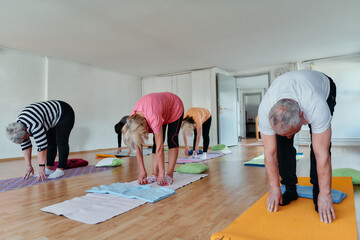 Senior man and woman practice back-stretching exercises together to maintain a healthy and active lifestyle.