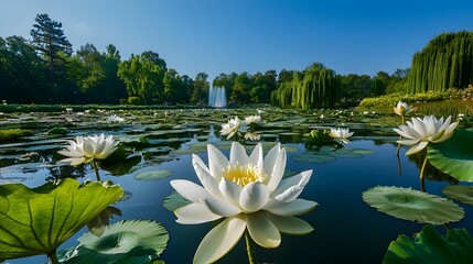 A breathtaking wide angle photograph showcasing a serene and picturesque pond filled with an abundance of blooming white lotus flowers their delicate petals floating on the calm water surface