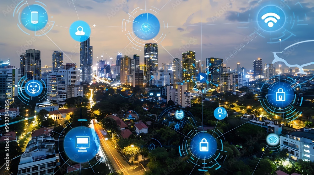 Poster aerial view of a city with various digital icons symbolizing the interconnectedness and technology t