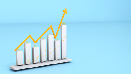 Graph showing increasing sales performance with upward trend arrow on blue background. 3D rendering