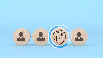 Three wooden tokens symbolizing security with a locked shield icon on a blue background. 3D rendering