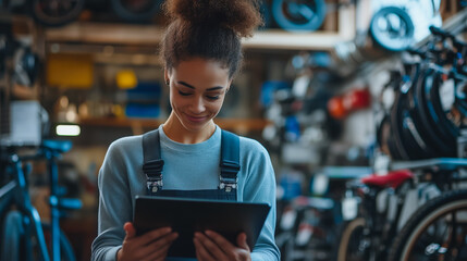 Female bike shop manager working on inventory with tablet