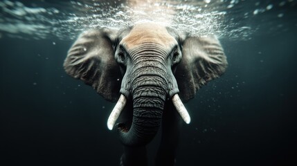 An elegant elephant gracefully swims underwater, creating gentle bubbles. The image captures the majestic animal in an unexpected aquatic environment with utmost serenity.