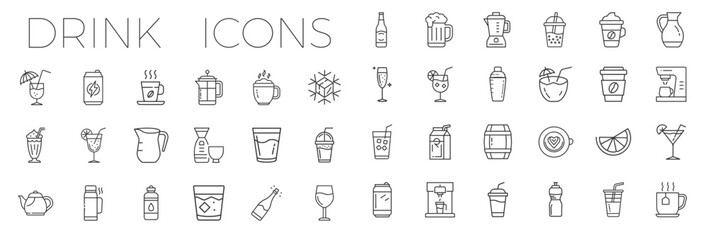 drink beverage outline icons, bottle liquor glass