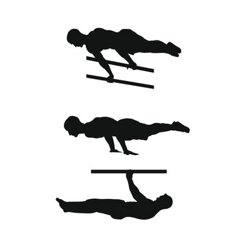 Silhouette of a man doing a push-up exercise in different angles. Vector illustration.
