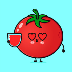 Tomato in love character. Vector hand drawn cartoon kawaii character illustration icon. Isolated on blue background. Tomato character concept