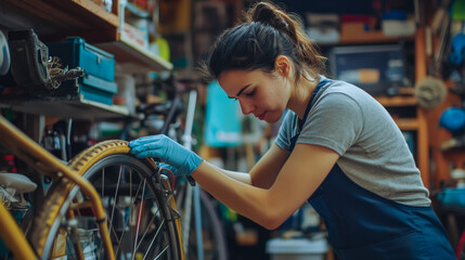 Obraz premium Female mechanic cleaning bicycle tire in workshop