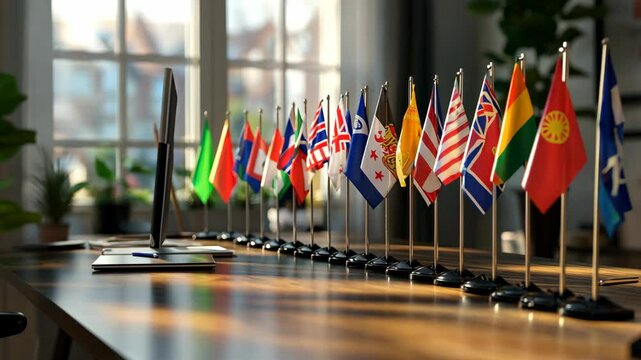 A row of small flags sits on a wooden table, likely in an office, with a window in the background