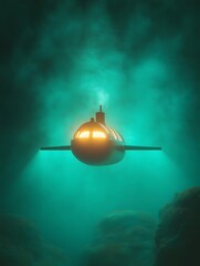 Steampunk Submarine Exploring Neon Underwater World