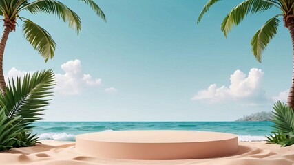 Fototapeta premium Tropical beach scene with a circular podium for product display.