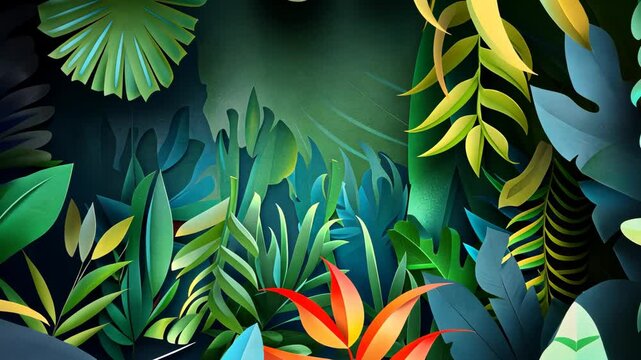 A lush jungle scene with vibrant green, blue, and orange leaves