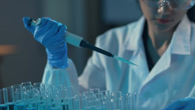 Scientist in a lab coat and safety glasses uses a pipette to drop liquid onto a petri dish for research purposes