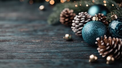 Fototapeta premium Christmas ornaments, including teal baubles and pinecones, are beautifully displayed on a dark wooden table, capturing the essence of holiday decoration and cheer.