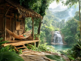 Tranquil scenic of a bamboo hut with hammock against a backdrop of waterfall in lush tropical forest, simple and peaceful lifestyle, eco-living. Generative AI