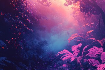 Pink and Blue Foliage in a Misty Forest