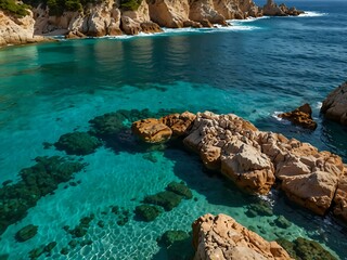 Beautiful Mediterranean coastline with turquoise waters and rocks.