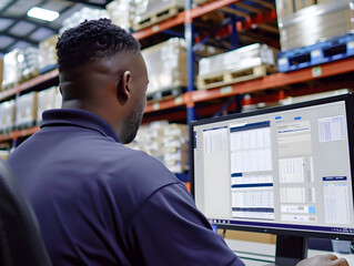 A warehouse worker analyzing data on a computer, surrounded by shelves of inventory.
