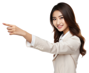 PNG A Beautiful young asian woman pointing something on the right with finger smile portrait adult.