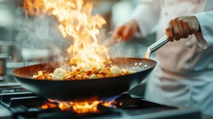 A chef intensely focuses on cooking as flames erupt from the pan, highlighting the passion and energy of professional culinary practices in a dynamic restaurant kitchen environment.