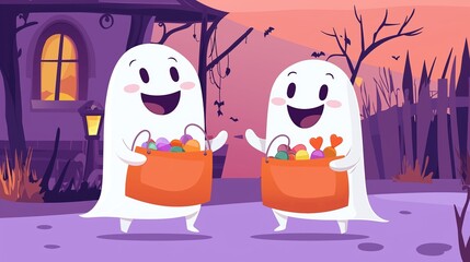 Obraz premium Friendly Cartoon Ghosts Trick-or-Treating with Halloween Candy Bags. Smiling Spirits Enjoying a Fun Halloween Night, Collecting Sweets in a Cheerful Purple-Themed Setting. 
