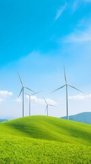 Wind Turbines on Green Hills Under Clear Blue Sky