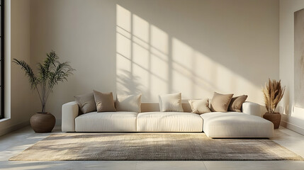 Modern Living Room Interior Design with White Sofa and Beige Rug - 3D Illustration