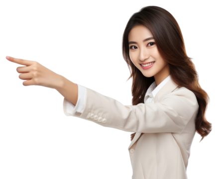 PNG A Beautiful young asian woman pointing something on the right with finger smile portrait adult.