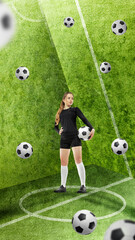 Determined female soccer player posing confidently on abstract stadium, surrounded by soccer balls. Contemporary art collage. Concept of sport, competition, game, tournament. Colorful poster, banner
