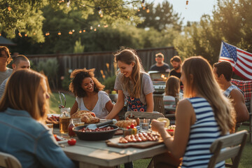 Family and friends enjoy a backyard summer barbecue grill cookout dinner party