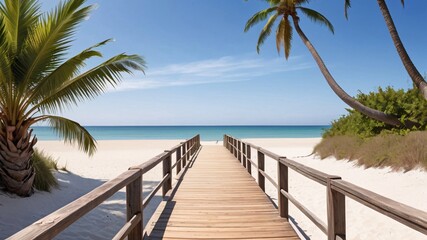 Wooden walkway leading to a pristine beach with palm trees and turquoise water.