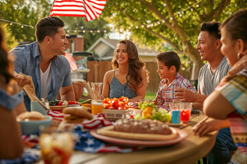 Hispanic family and friends enjoy a backyard summer barbecue grill cookout dinner party on 4th of July