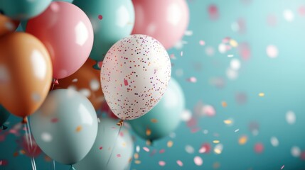 A close-up view of colorful balloons adorned with confetti against a blue backdrop, capturing the festive and joyful essence of a celebratory occasion.