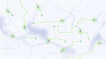 GPS tracking system for navigating car traffic. Concept of car with road and intersection. General city map with streets, roads. Navigation system for avoiding traffic jams. Vector illustration