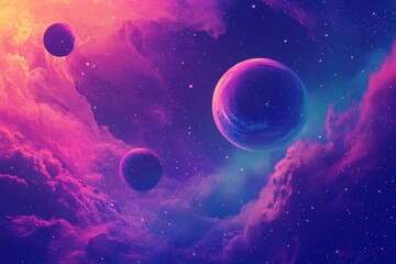 Three Planets and Pink Nebula in a Deep Blue Starry Sky